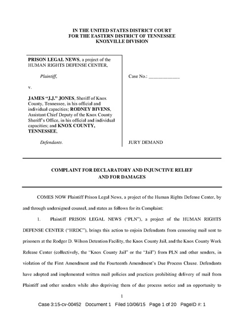 Prison Legal News v. Sheriff Jones, TN, Complaint, Knox 