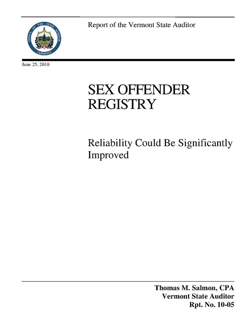 Vermont State Auditor Sex Offender Registry Report On Reliability 2010