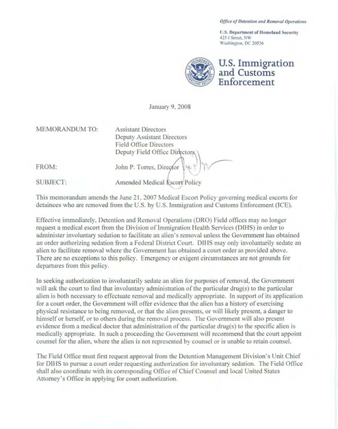 Usdohs Ice Torres Memo Re Amended Medical Escort Policy Jan 9 2008 ...