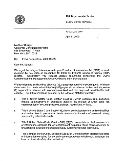 Bop Cover Letter Re Ctr for Constitutional Rights Foia Request Re Cmu 4 ...