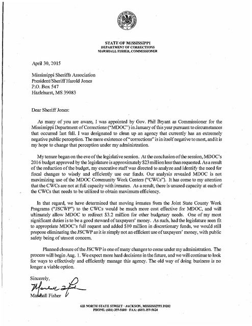 Commissioner Letter to President of MS Sheriffs Association re new ...