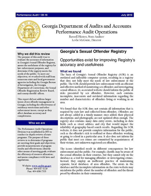 Sex Offender Registry Audit July Ga Doc 2010 Prison Legal News